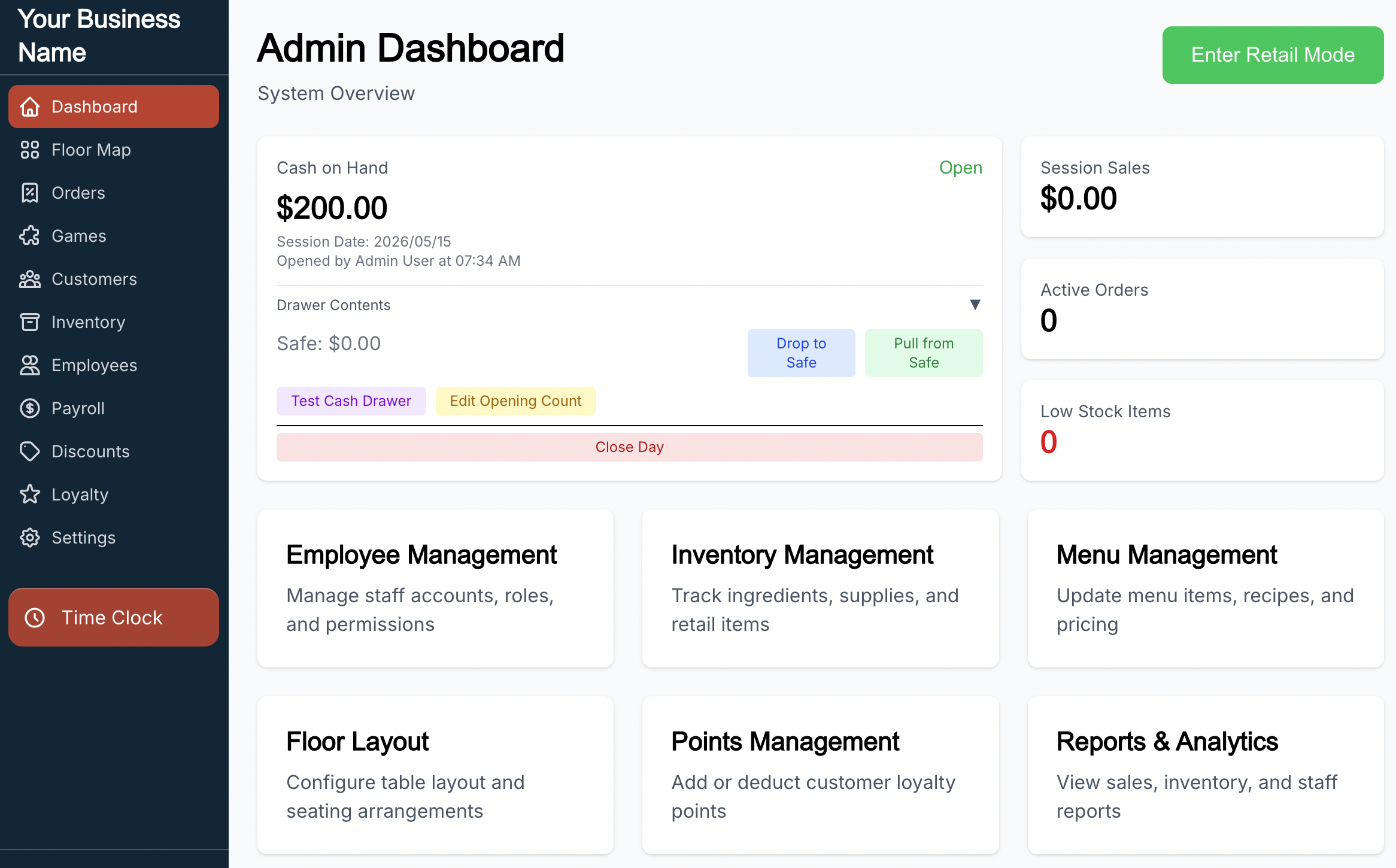 RegiFlow POS dashboard showing operational reports and management tools